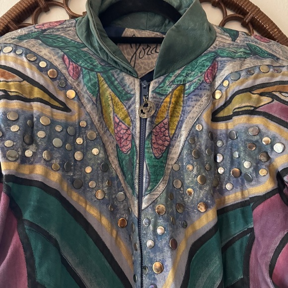 Vintage 90s 80s hand painted leather tassel denim jacket. Size L - Picture 6 of 11